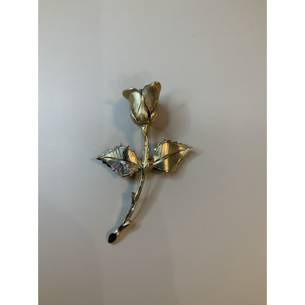 Rose Brooch - Gold Tone - Single Stem Rose